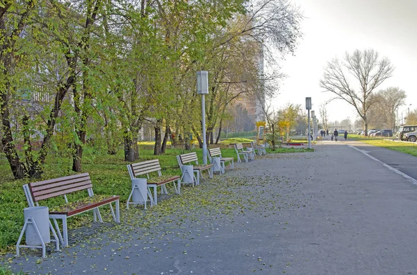 Podzim Pěší Uličky Chodníku Lavičkami Městě Nedaleko Silnice Rusko — Stock fotografie
