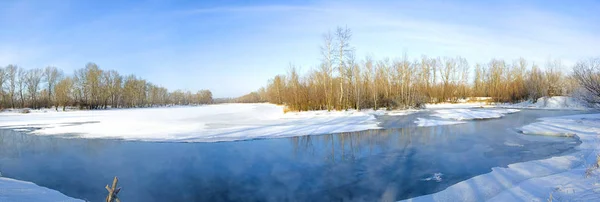 Панорама Незамерзающая Зимняя Река Голые Зимние Деревья Пруда Над Которым — стоковое фото