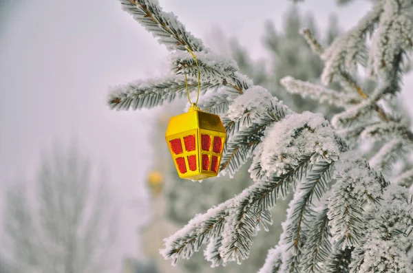 Kerst Nieuwjaarsboom Het Park Achtergrond Van Kerk — Stockfoto