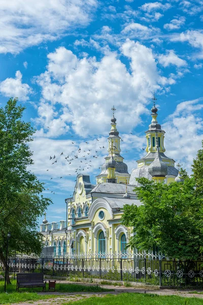 A beautiful old building of the Russian Orthodox Church against the blue sky. Summer landscape