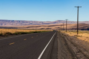 Palouse country highway going in to the distance in to rolling desert hills with a blue sky clipart