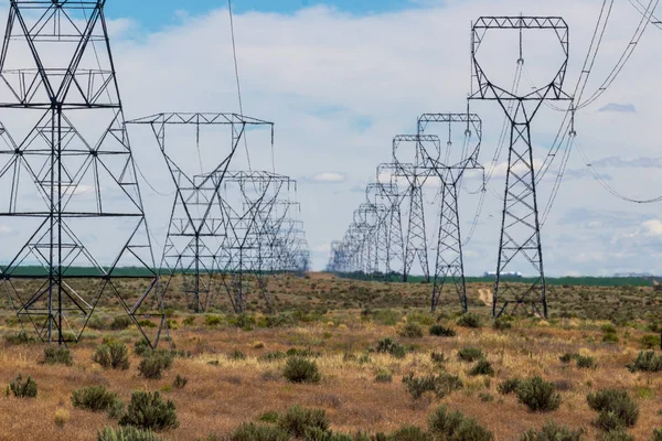 Torres Transmissão Energia Deserto Alinhadas Uma Fileira Indo Para Distância — Fotografia de Stock