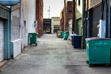 Çöp kutusu, dumpsters ve çöp kutuları uzaktan bina bir tuğla ile şehir sokak