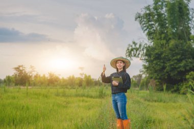 Asyalı kadınlar tablet kullanıyor. Akıllı çiftçileri kontrol ediyorlar.