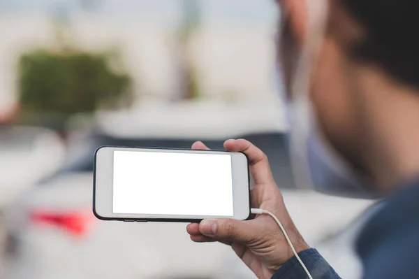 Asiático Hombre Son Llamada Teléfono Uso Mascarilla Ciudad — Foto de Stock