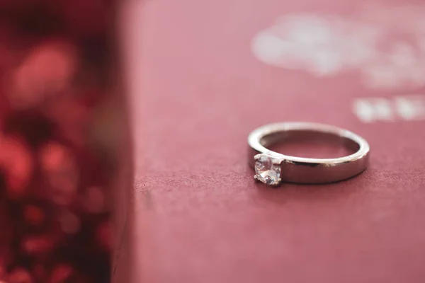 Wedding Ring Red Background Selective Focus — Stock Photo, Image
