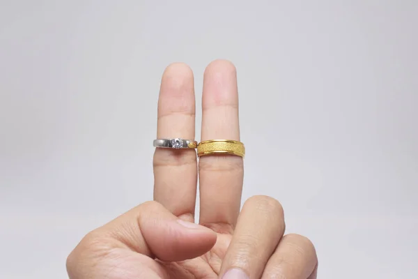 Two Wedding Rings Fingers White Background — Stock Photo, Image