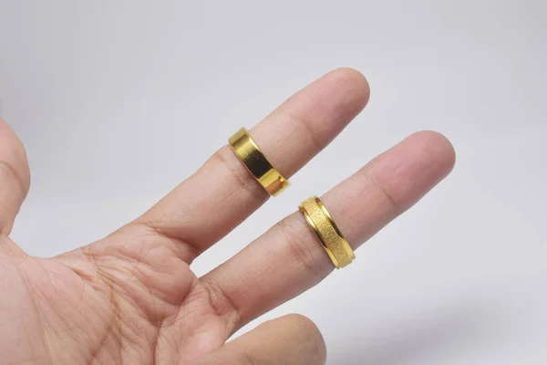 Two Wedding Rings Fingers White Background — Stock Photo, Image