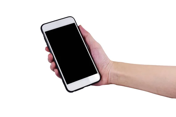 Рука Держит Мобильный Смартфон Мобильный Телефон Белый Фон — стоковое фото