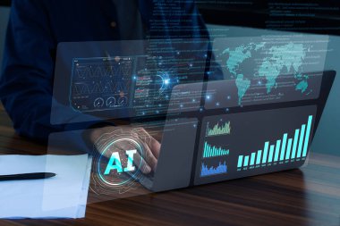 Yapay zeka destekli verileri ve küresel bir iş ağını gösteren birden fazla monitörü olan gelecekteki sunucu odası