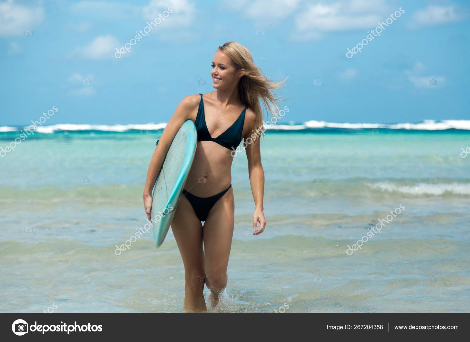 Blonde Surfer Girl Blue Bikini Walking Out Ocean Holding Turquoise