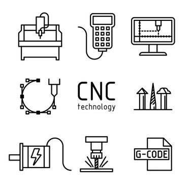 Vector set of cnc milling machine icons. clipart