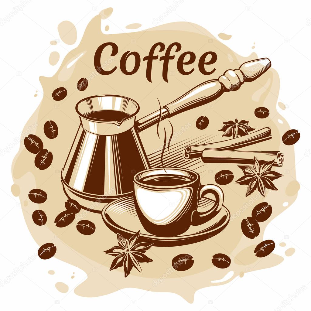Coffee vector illustration. Cup, cezve, beans and spice on blot background.