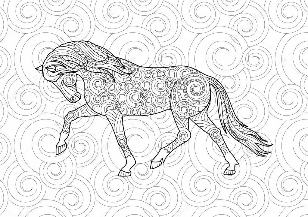 Horse with a hand drawn tribal. Coloring page book. Zentangle style art, freehand sketch with doodle element. Animal illustration.