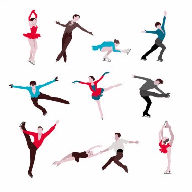 Beyaz arka planda artistik patinajcılar siluetleri. Kış sporu illüstrasyon. Hareket vektörü görüntülerinde atletler. Artistik patinaj ın unsurları.