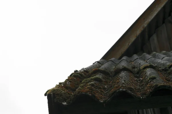 Old Covered Moss Wavy Roof Slates Covers Barn Cloudy Sky — Stock Photo, Image