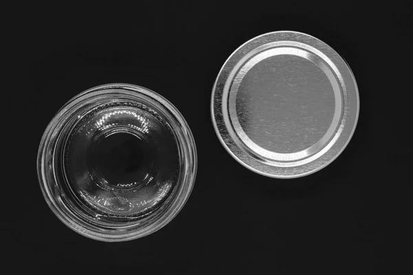 Open Glass Jar Metal Lid Black Background Surface — Stock Photo, Image