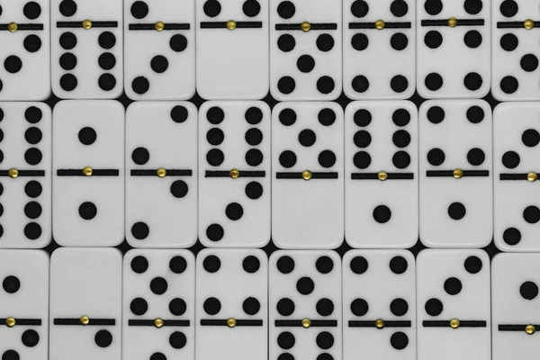 White Plastic Dominoes Black Dots Background Surface Gold Metal Dots — Stock Photo, Image