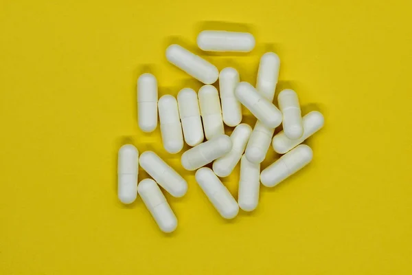 Bunch White Medication Pills Yellow Background Surface — Stock Photo, Image