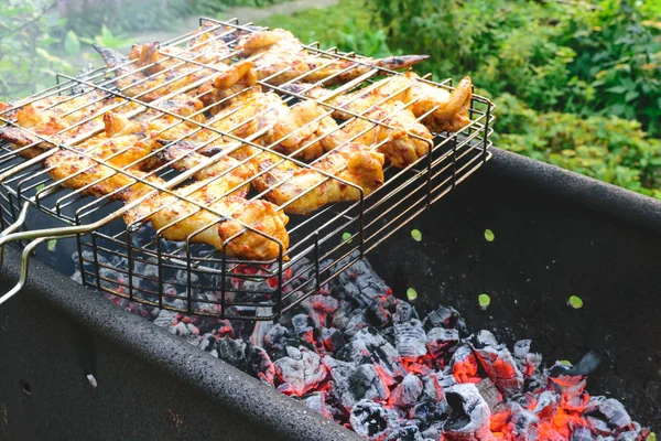 Alitas Pollo Marinadas Preparándose Una Hoguera Carbón Vegetal Naturaleza Verano —  Fotos de Stock