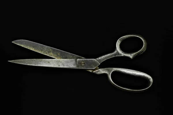 Top View Old Metal Scissors Isolated Black Background — Stock Photo, Image