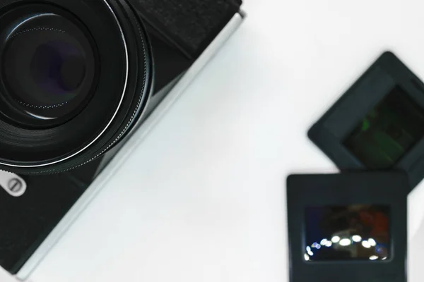 Very Old Vintage Black Photo Camera Black Lens View Top — Stock Photo, Image