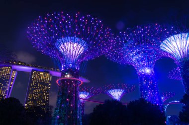 Singapur - 13 Ekim 2018. Bay tarafından bahçeleri ve Marina Bay Sands hotel gece görünümü
