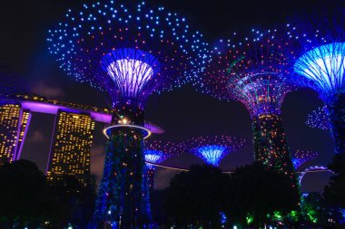 Singapur - 13 Ekim 2018. Bay tarafından bahçeleri ve Marina Bay Sands hotel gece görünümü