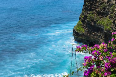 Manzara mavi Hint Okyanusu'nun Bali, Endonezya cliff yıkama. Mor çiçekler bulanık