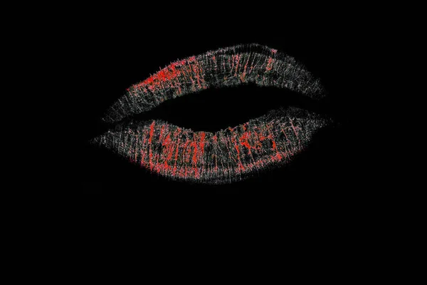 Black lips with flowing pink lipstick prints on black background surface