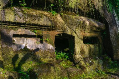 Akşam güneşi ve Bali, Endonezya ormanlarda ile önde gelen yolu tarafından aydınlatılmış kral mezarları ile taş antik Gunung Kawi tapınakta oyulmuş