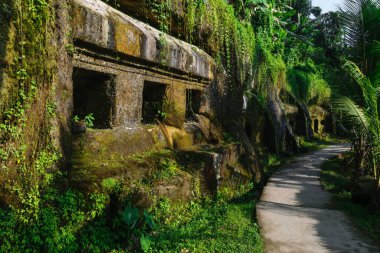 Akşam güneşi ve Bali, Endonezya ormanlarda ile önde gelen yolu tarafından aydınlatılmış kral mezarları ile taş antik Gunung Kawi tapınakta oyulmuş
