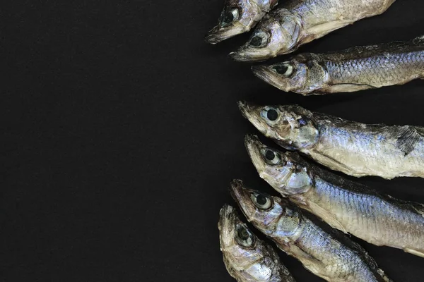 Složení Suchého Malé Evropské Atlantské Ryby Černém Pozadí Kopií Prostor — Stock fotografie