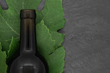 Şarap şişesi ve genç üzüm yaprakları