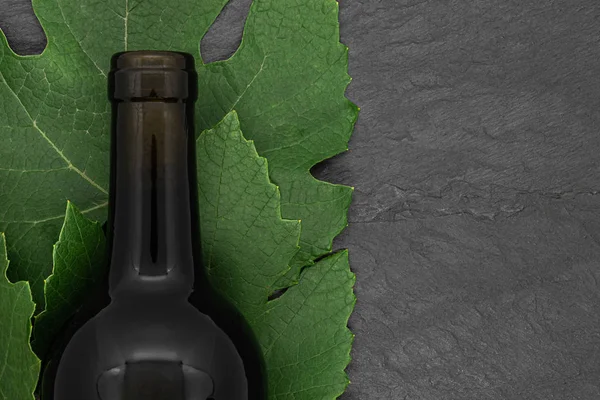 Şarap şişesi ve genç üzüm yaprakları