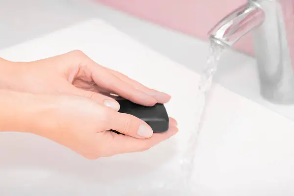 Healthcare Concept Close View Woman Washing Hands Black Soap Sink — Stock Photo, Image