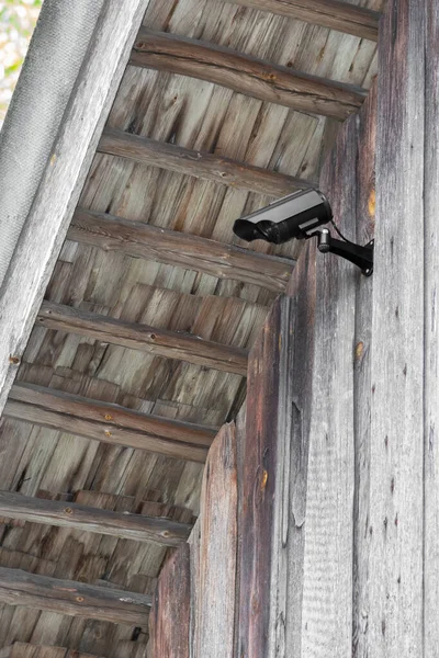 Home Protection Concept Black Cctv Camera Attached Wooden Barn Wall — Stock Photo, Image