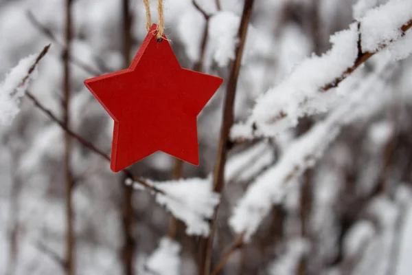 Rode Houten Ster Besneeuwde Kerstboom Het Winter Woud Kerstmis Gelukkig — Stockfoto