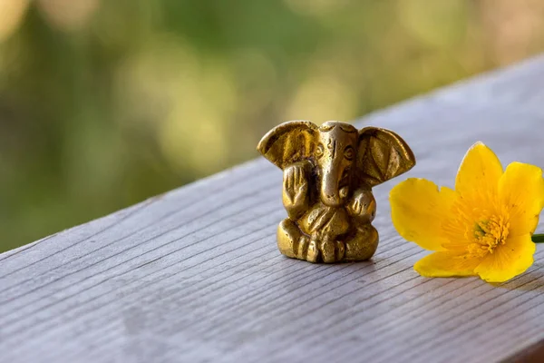 Ganesha figürü ile parlak sarı çiçek. Güzel Ganesh heykeli ile palm ve çiçek açan çiçek ahşap tahta üzerinde açık. Asya din kavramı. Dini dekorasyon. Hint lord. Barış ve inanç kavramı