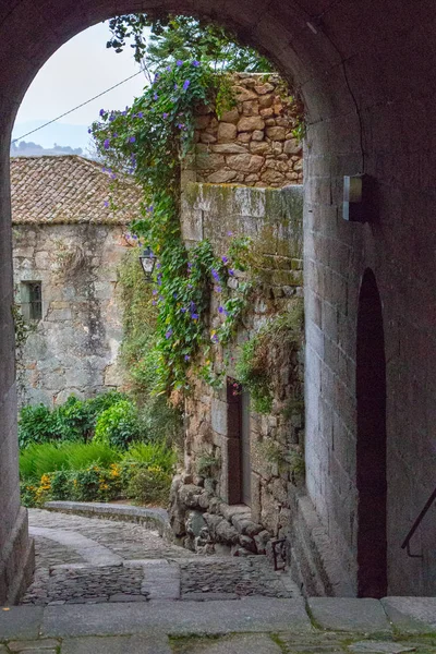 Medieval street arch in provence. Ancient european architecture. Charming brick castle gate with flowers and plants and lantern. Romantic travel concept. Old stone building exterior. Narrow village street.