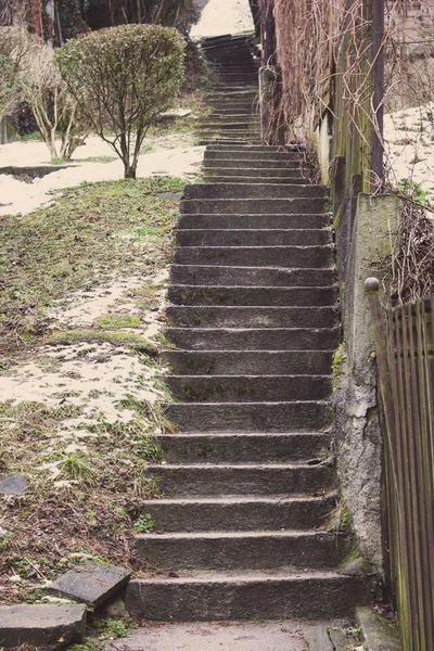 Outdoor stairs in perspective. Staircase background. Concrete stairway at town strett. Pavement and walkway concept. Empty outside stairs. Stairs in park. Geometric pathway.