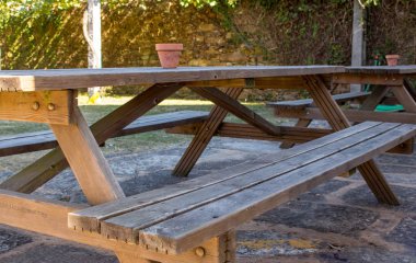 Wooden bench and table in backyard. Picnic table with pot in park. Outdoor furniture. Rest and relax place in summer garden. 