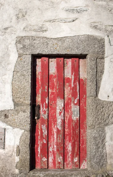 Red Wooden Aged Door Stone Wall Ancient Abandoned Building Medieval — Stock Photo, Image