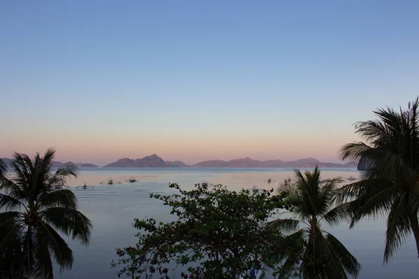 木々やボートとビーチで朝 フィリピン パラワンの日の出 朝の夕暮れ時の熱帯の諸島は 前景に木々が植えられています 伝統的なフィリピンのボートとアジアの風景 夏休み — ストック写真