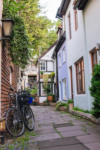 Biciclette Alberi Accogliente Cortile Europa Patio Estivo Con Biciclette Biciclette — Foto Stock