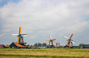 Zaanse Schans, Hollanda - 14.06.2019: Tarihi köydeki eski Hollanda yel değirmenleri. Alan panoramik görünümünde Hollanda değirmenleri. Kırsal Hollanda manzara. Rüzgar enerjisi kavramı. 