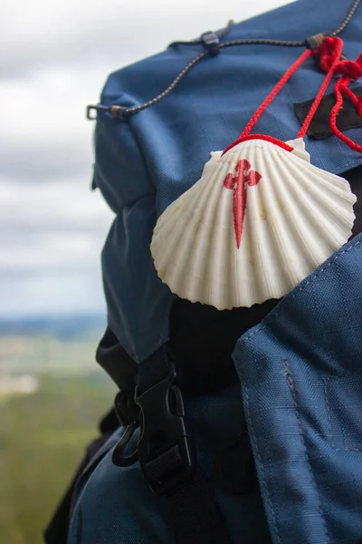 Dağ arka planında hacı kabuğu olan büyük bir sırt çantası. Hac konsepti. Camino de Santiago yolunda seyyah. Arka planda sırt çantalı bir turist. Dini seyahat. Dağlarda gezgin. 