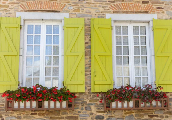 Kap Içinde Çiçek Açık Yeşil Panjurlu Beyaz Ahşap Pencereler Fransa — Stok fotoğraf