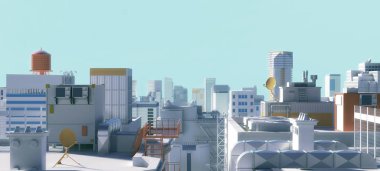 Beton modern binalar 3D render çatılarının. Temiz mavi gök, Güneş yatay tarafından ağartılmış beyaz. Boş alanı ve şehir görüntüleyin. Kasaba kavramı arka plan. Parlama blum efekti
