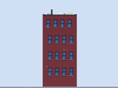 3D render düz izometrik blok binalar Infographic kavram kümesi. Özel şehir sokak Oluşturucu. Ev simgesini koleksiyonu. Bina cephe önden görünüm. Piksel sanat. Tipik New York bina